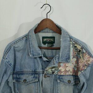 90’s Vintage American Eagle Denim Jacket Floral Tapestry Patchwork Size L